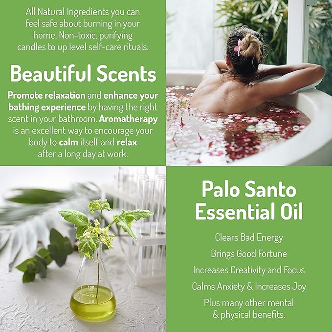 Raw Genuine Palo Santo Essential Oil from Ecuador Aromatherapy Candle 9oz Handcrafted in USA with Natural Soy Wax for Purification & Cleansing Free Palo Santo Stick Included
