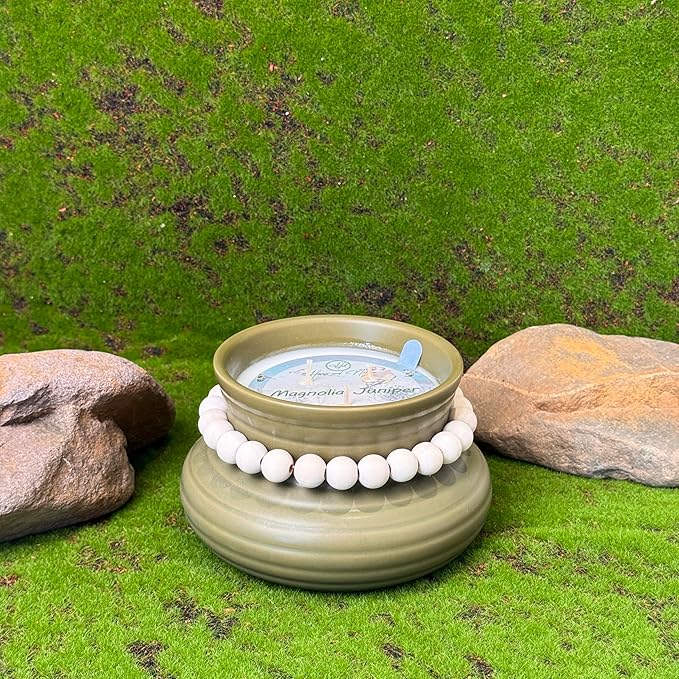 CW Studio Magnolia Juniper Scented Candle – 23oz Green Ceramic Jar with Wooden Bead Accent– 12H, Smokeless - Premium Paraffin and Palm Wax, Cotton Wick – Aromatherapy Gift for Home Relaxation