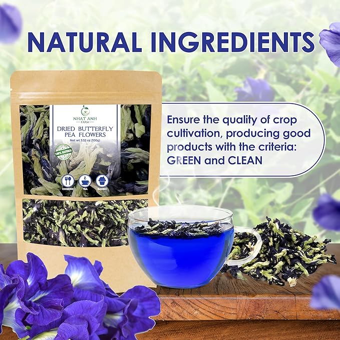 Nhat Anh Farm - Premium Dried Butterfly Pea Flower - 3,5oz(100g) Blue Butterfly Pea Flower - 100% Natural & Pure, Sugar/Caffeine/Gluten Free - For Making Tea