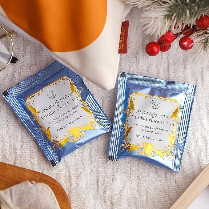 THE VEDAS Ashwagandha Vanilla Green Tea | Green Tea | Biodegradable Cotton Teabags | 40 Tea Bags(Pack of 2)
