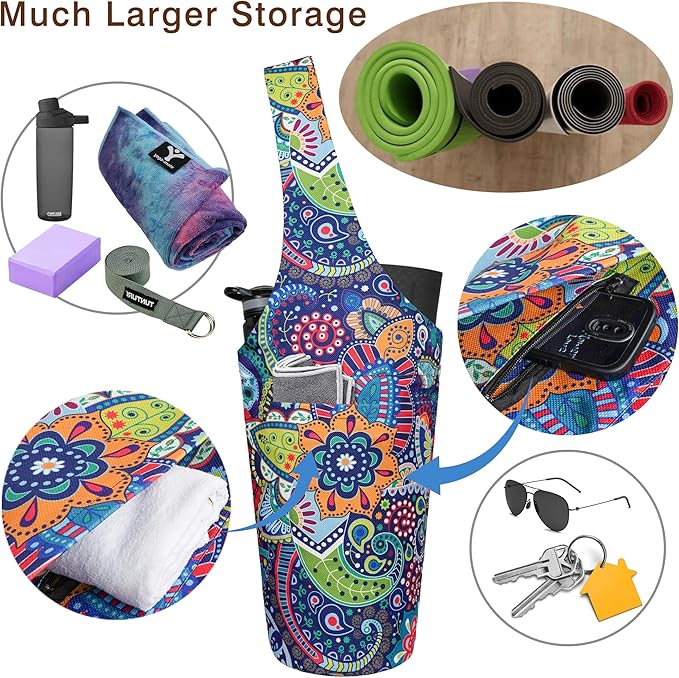 Fashion Printed Yoga Mat Bag with Large Side Pocket & Zipper Pocket Long Tote Yoga Bag Fit Most Size Mats - Holds More Yoga Accessories