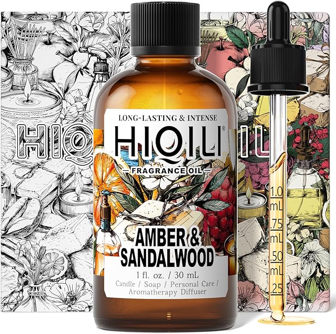 HIQILI Amber & Sandalwood Fragrance Oil for Diffuser, DIY Candle & Soap Making, Add to Body Lotion, Long-Lasting Scents - 1 Fl Oz