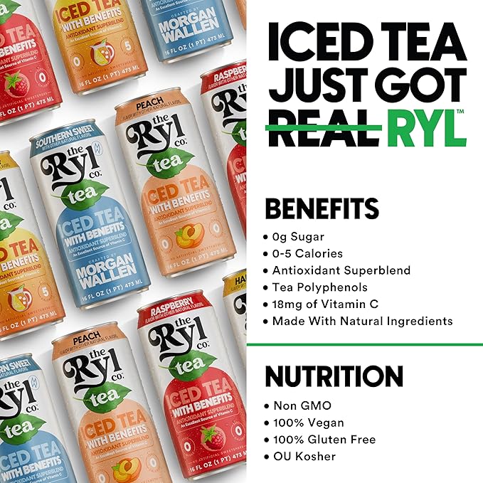 Ryl Iced Tea MVP Variety Pack – Antioxidant Superblend, No Artificial Ingredients, Zero Sugar, Zero Calorie, Low Carb, Non-GMO, Kosher, Gluten Free, Made in the USA, 12-Pack, 16 Fl Oz