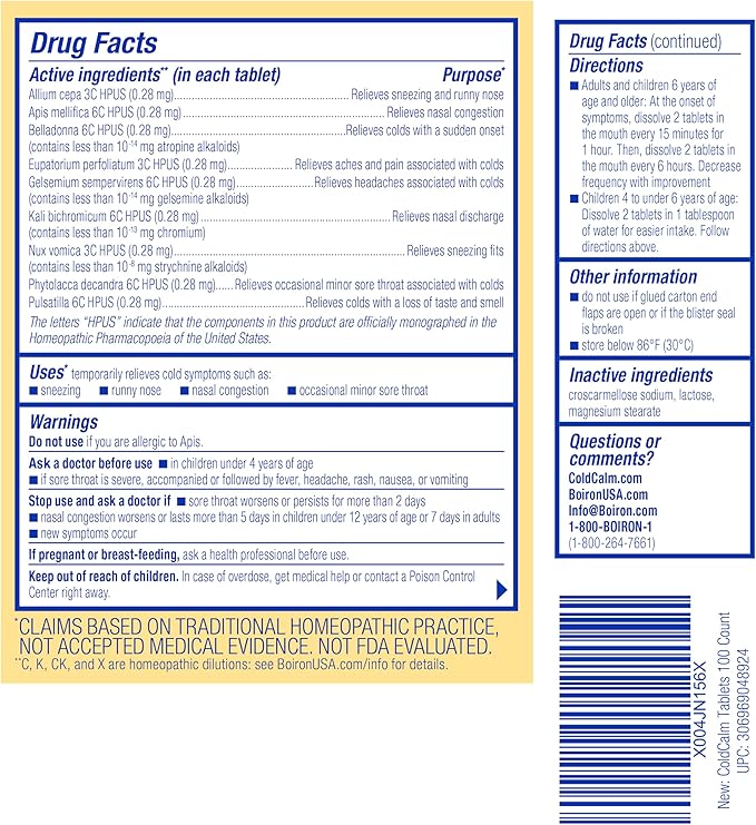 Boiron ColdCalm Tabs - 100 Count for Relief of Common Cold Symptoms Such as Sneezing, Runny Nose, Sore Throat, and Nasal Congestion - Non-Drowsy Cold Calm Meltaway Tablets