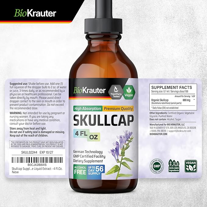 BIO KRAUTER Skullcap Herb Tincture - Scutellaria Lateriflora Liquid Extract - Alcohol and Sugar Free Skullcap Tincture - Vegan Drops 4 Fl.Oz.