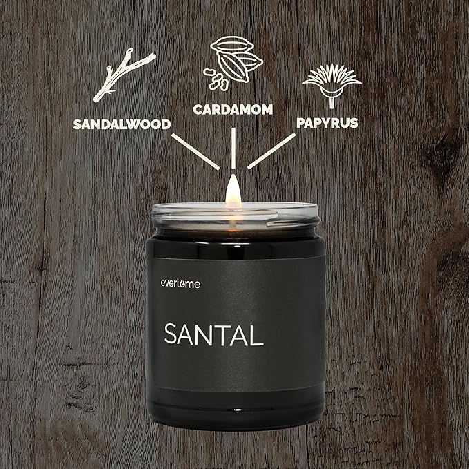 Premium Soy Wax Candle | Highly Scented Black Glass Jar Candles | Long Lasting, Clean Burn | 8 oz | Gifts for Man and Woman | Made in USA (Santal)