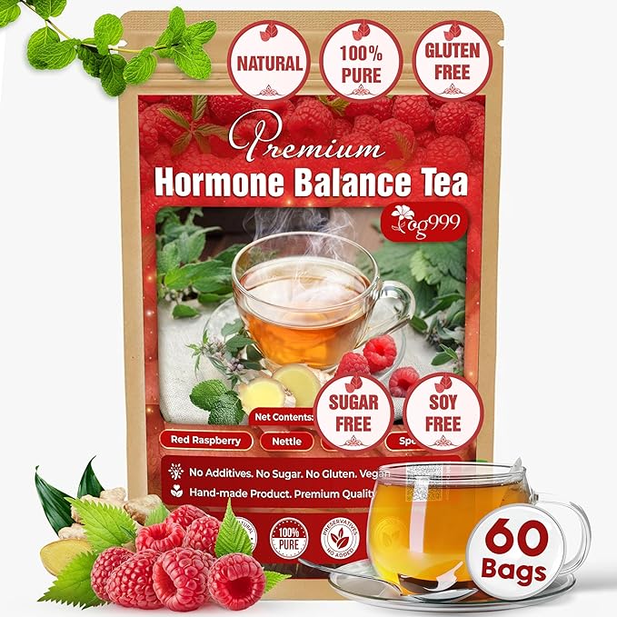 TOG999, 60 Tea Bags for Hormone Balance Menstrual Cycle Support, 100% Natural & Pure from Red Raspberry Leaves with Spearmint Flavor. Natural Material Tea Bags. No Sugar, No Caffeine, Vegan.