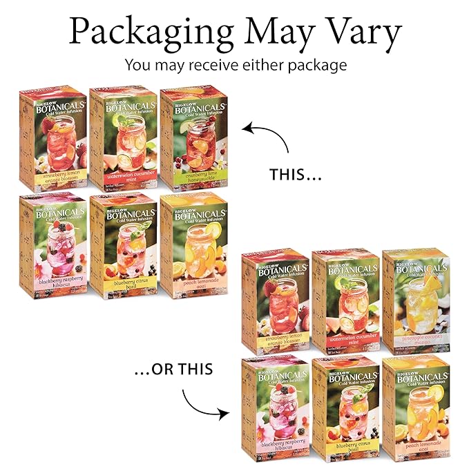 Bigelow Botanicals Cold Water Infusion Herbal Variety Pack, Caffeine Free Tea with Cranberry, Watermelon, Blackberry, Strawberry, Peach & Blueberry Flavor, 18 Count Box (Pack of 6), 108 Total Tea Bags