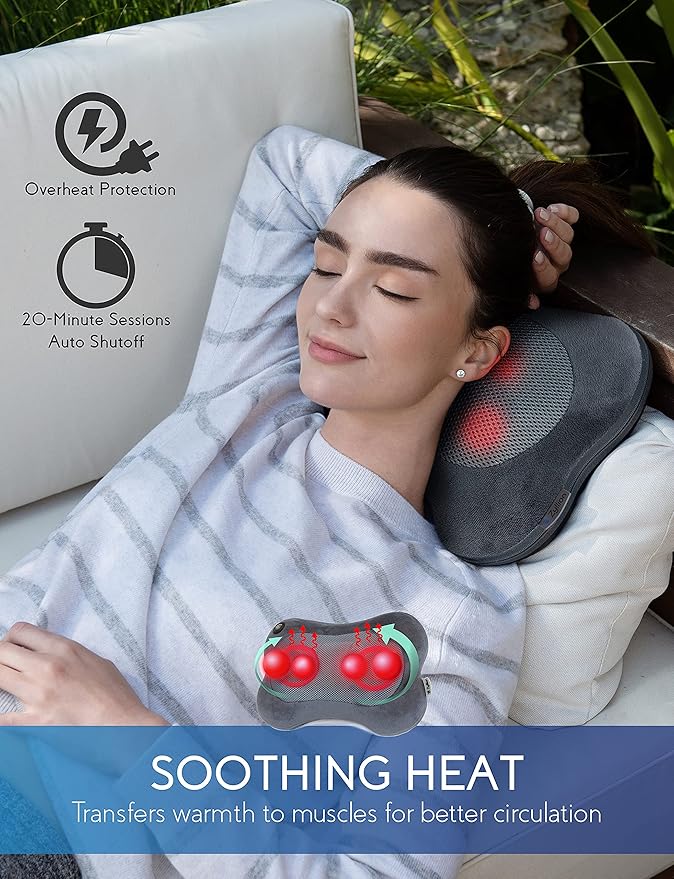 Zyllion Shiatsu Back and Neck Massager with Heat - 3D Electric Kneading Deep Tissue Massage Pillow for Muscle Pain Relief, Slate, ZMA-13