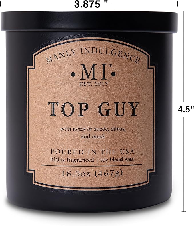 Manly Indulgence Top Guy Scented Candles for Men, 2 Wick, 16.5 oz, Premium Soy Blend Wax, 60H Burn, Candles for Home Scented - Made in The USA