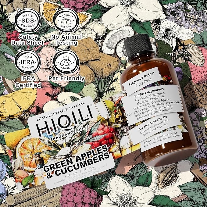 HIQILI Green Apples & Cucumbers Fragrance Oil for Candle, Soap, Perfume Making, Inspired by D.Ka-Ran B.De-Licious, Fresh Scents, Add to Skin & Hair Care Products - 1 Fl Oz