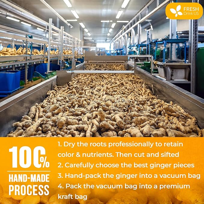 FreshDrinkUS, Premium 10oz Natural Ginger Roots, Cut and Sifted, 100% Natural & Pure from Ginger Roots, Ginger Tea, Ginger Loose Herbal Tea, No Additives, No Caffeine, Vegan