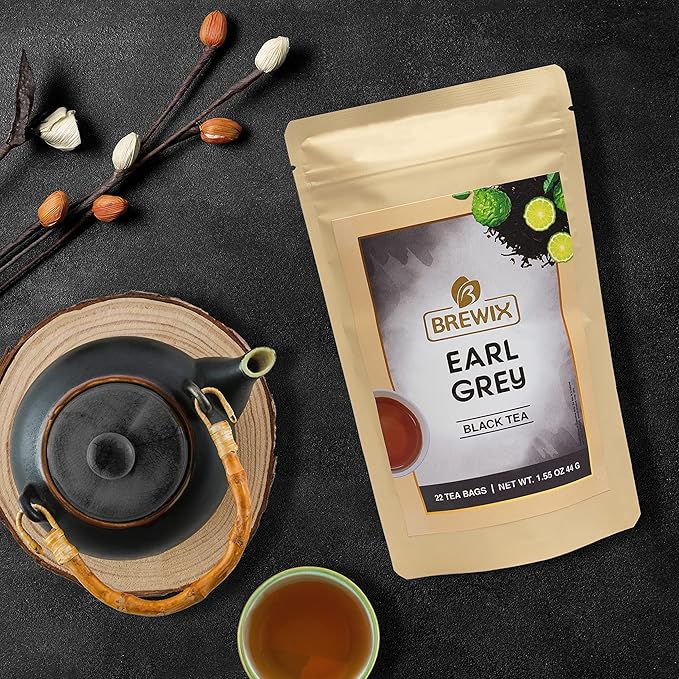 BREWIX, Earl Grey Tea Bags (22 Pyramid Tea Bags) Long Leaf Indian Black Tea with Bergamot, Packed in Resealable Ziplock Pouch | Black Tea with Bergamot